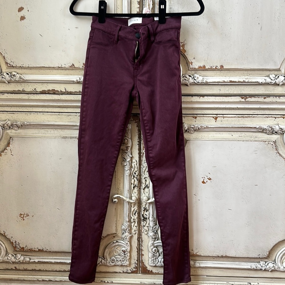 Burgundy suede like very soft skinny pants. Stretchy too.